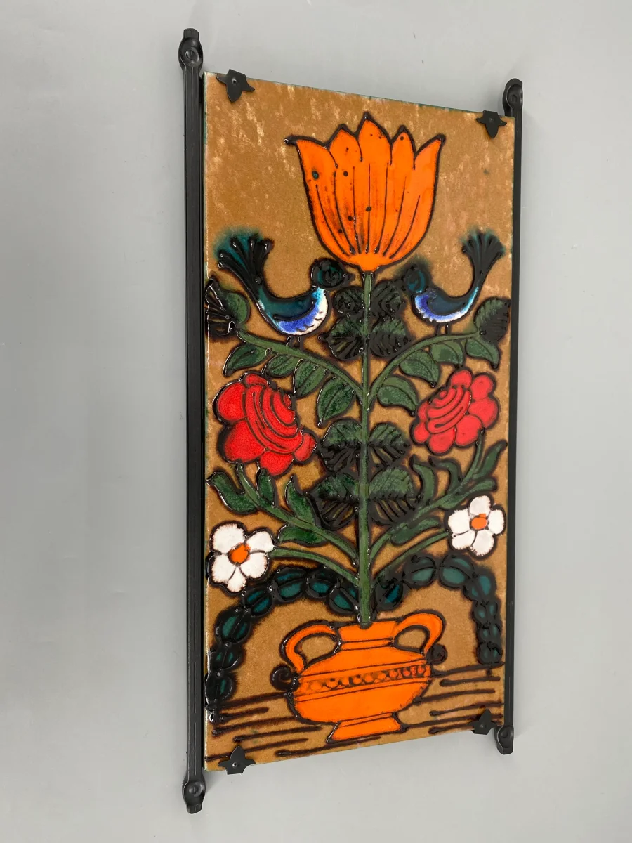 Mid Century Design Wandbild mit Blumenmotiv von HEIBI Keramik, Deutschland 1970er – Bild 2