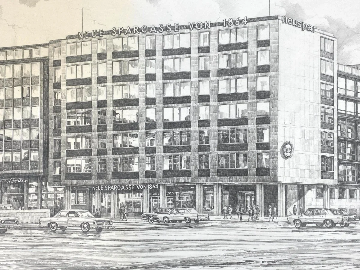 Original Zeichnung mit historischer Ansicht: Hamburg Sparcasse Sign. Glockengießerwall, von Heinz Wehlisch, Deutschland 2. Hälfte 20. Jhd. – Bild 6
