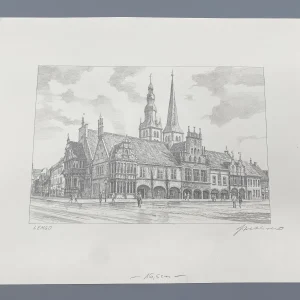 Original Zeichnung mit historischer Ansicht: Lemgo Marktplatz, von Heinz Wehlisch, Deutschland 2. Hälfte 20. Jhd.