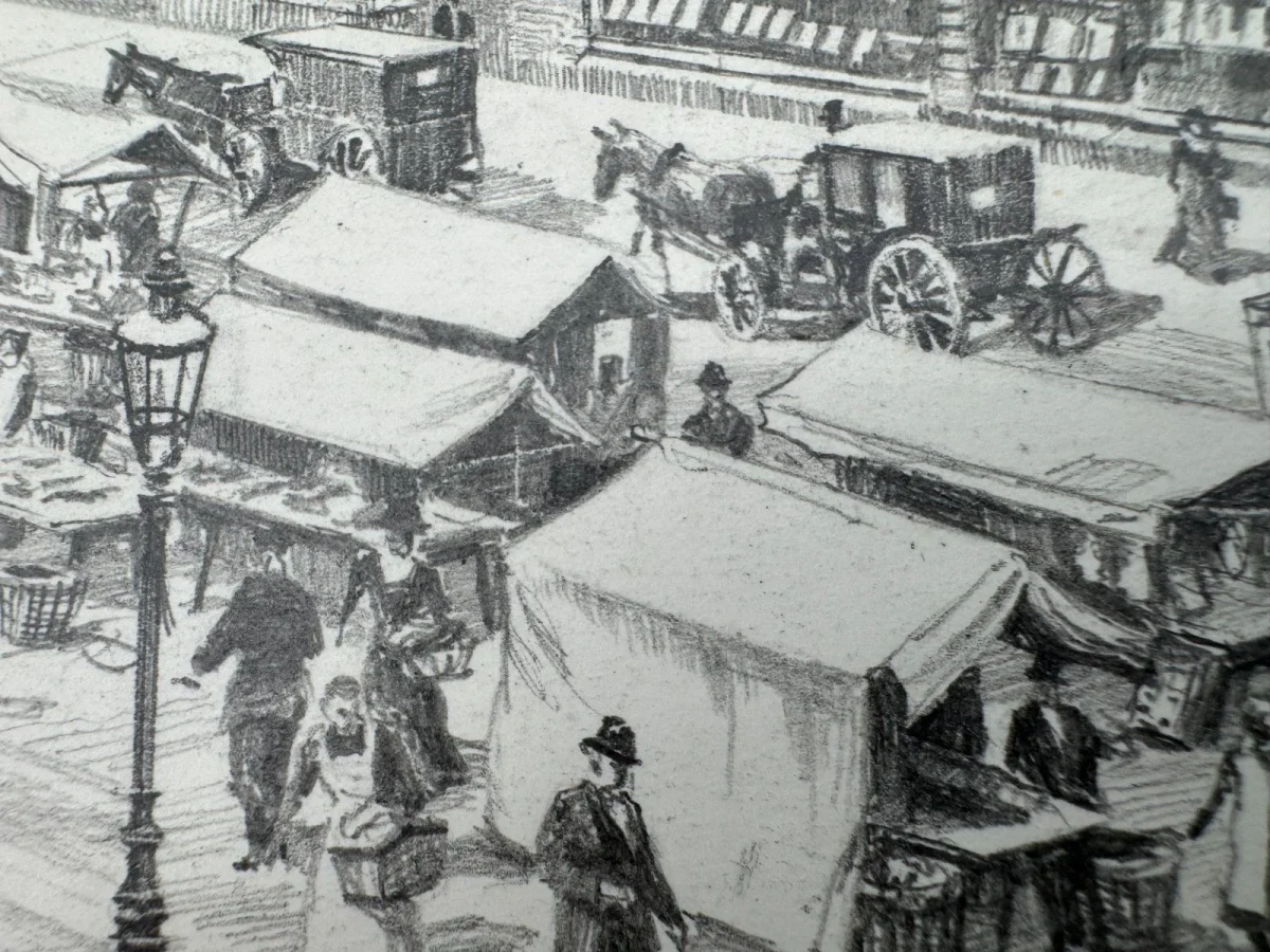 Original Zeichnung mit historischer Ansicht: Gelsenkirchen Neumarkt um 1900, von Heinz Wehlisch, Deutschland 2. Hälfte 20. Jhd. – Bild 7