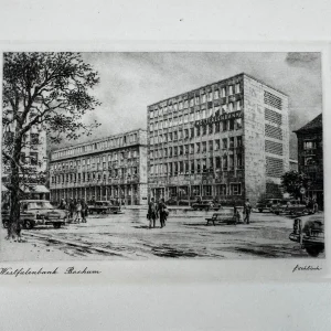 Original Radierung mit historischer Ansicht: Westfalenbank Bochum, von Heinz Wehlisch, Deutschland 2. Hälfte 20. Jhd.