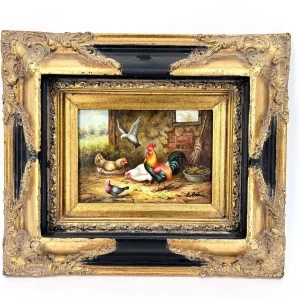 Ölgemälde auf Holz von Eduard Boehm mit Hühnerstall, 19. Jahrhundert
