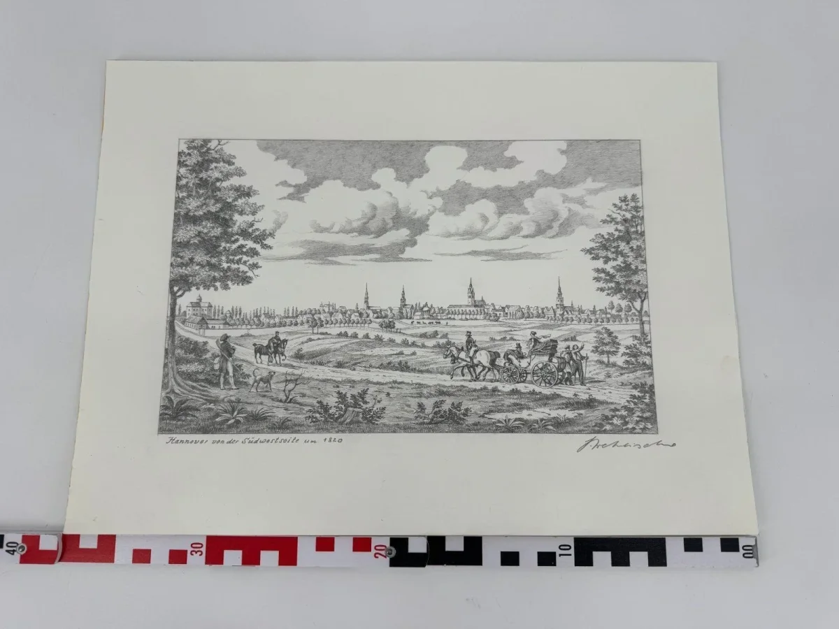 Original Zeichnung mit historischer Ansicht: Hannover von der Südwestseite 1820, von Heinz Wehlisch, Deutschland 2. Hälfte 20. Jhd. – Bild 8