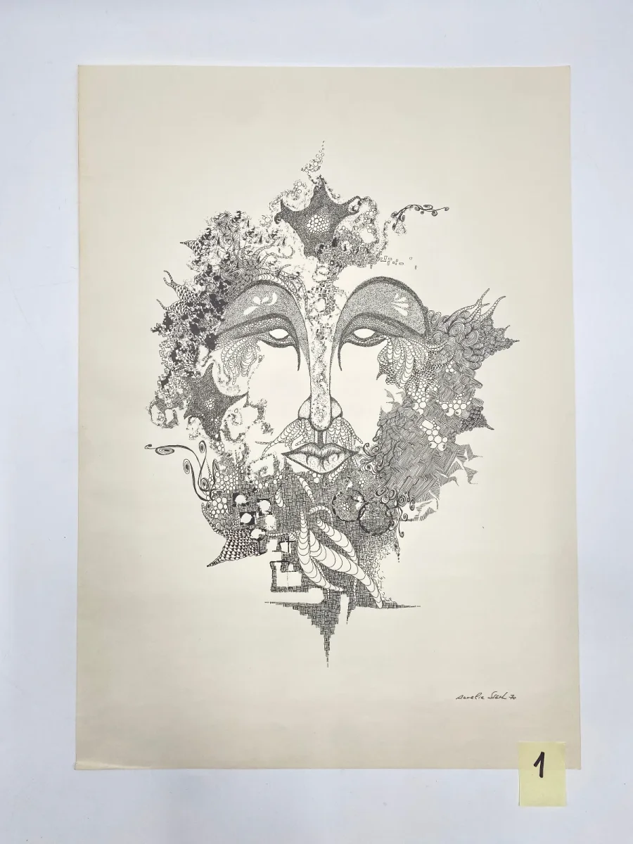 Signierte abstrakt-surrealistische Grafik mit Gesicht von Annelie Stärk – Bild 4
