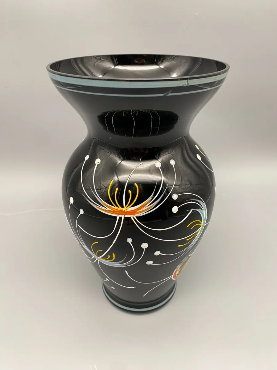 Vase Hyalithglas Schwarzglas Emaillefarben Handbemalt Midcentury Ddr – Bild 3