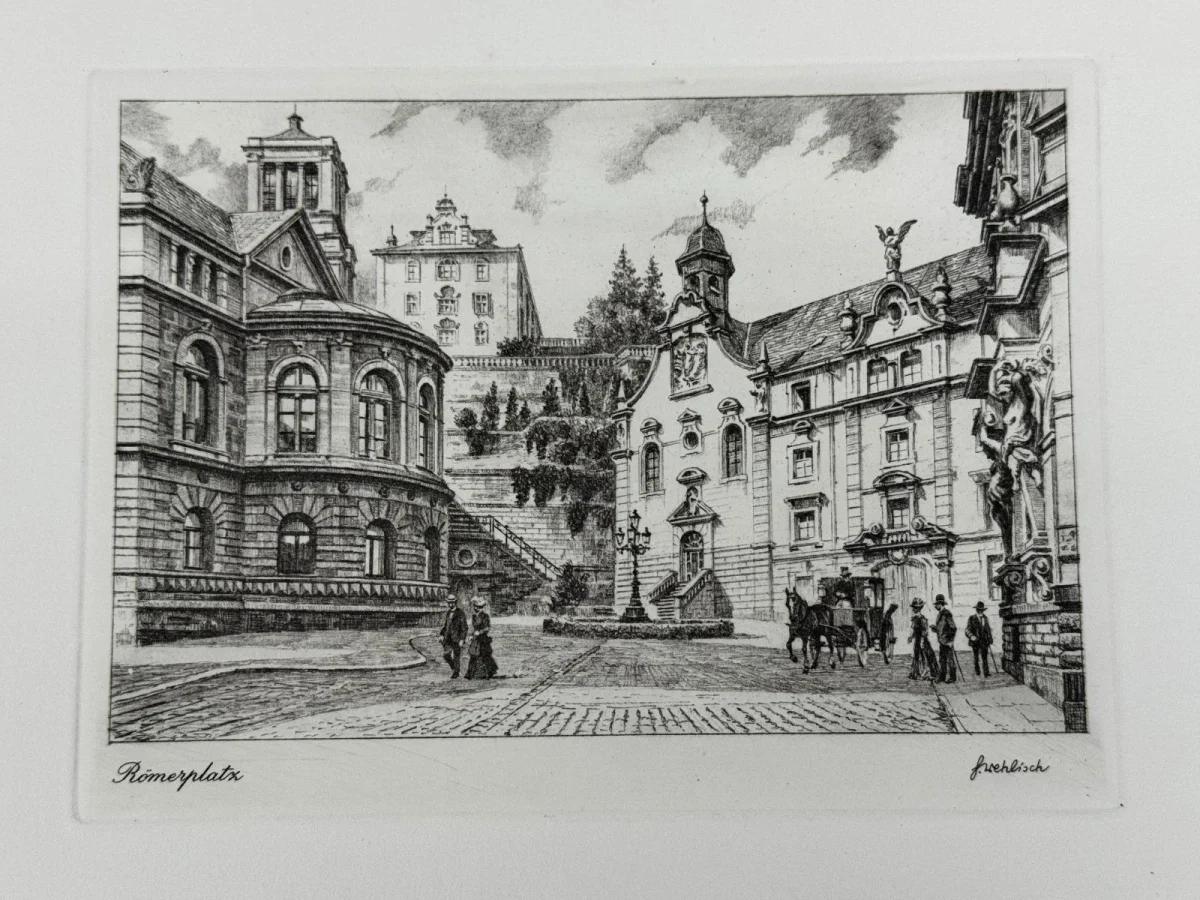 Original Radierung mit historischer Ansicht: Römerplatz Baden Baden um 1900, von Heinz Wehlisch, Deutschland 2. Hälfte 20. Jhd. – Bild 2
