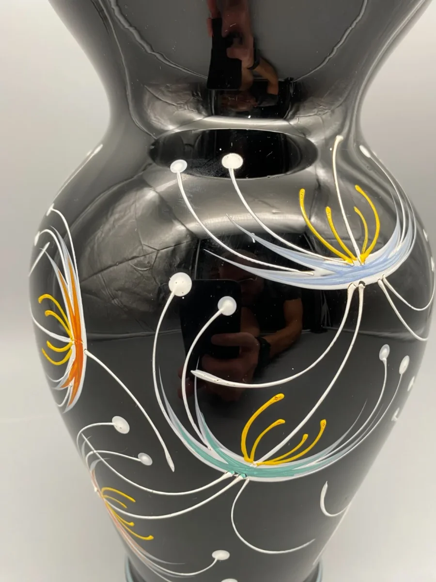 Vase Hyalithglas Schwarzglas Emaillefarben Handbemalt Midcentury Ddr – Bild 6