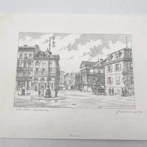 Original Zeichnung mit historischer Ansicht: Baden Baden Leopoldplatz, von Heinz Wehlisch, Deutschland 2. Hälfte 20. Jhd.