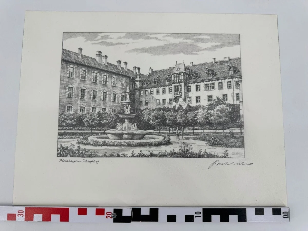 Original Zeichnung mit historischer Ansicht: Meiningen Schlosshof, von Heinz Wehlisch, Deutschland 2. Hälfte 20. Jhd. – Bild 9