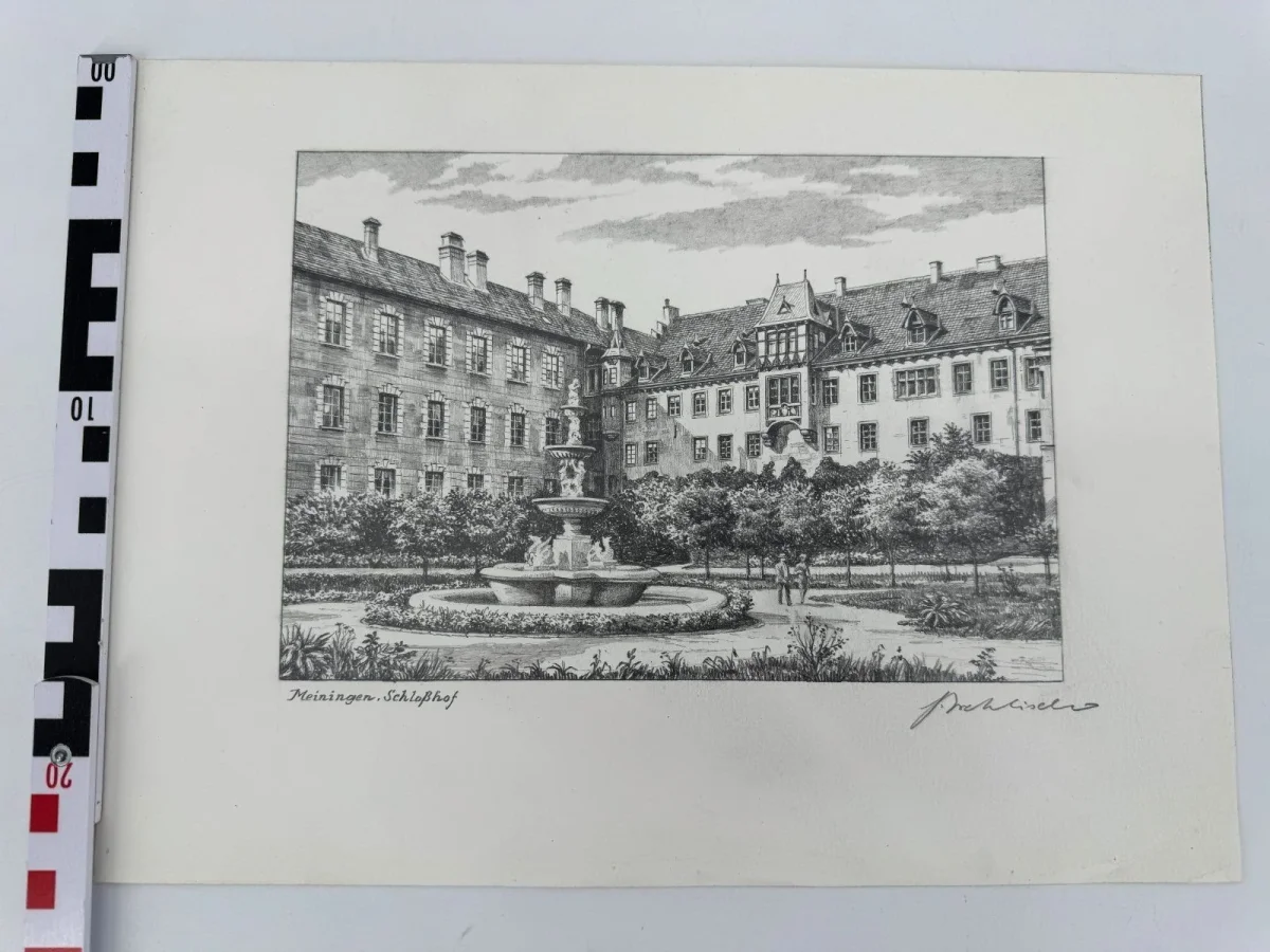 Original Zeichnung mit historischer Ansicht: Meiningen Schlosshof, von Heinz Wehlisch, Deutschland 2. Hälfte 20. Jhd. – Bild 8