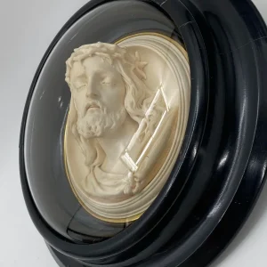 Ragoneau 1846 Jesus Dornenkrone Relief Meerschaum Rund Glas Alt Antik