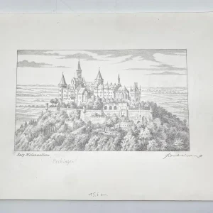 Original Zeichnung mit historischer Ansicht: Burg Hohenzollern Hechingen, von Heinz Wehlisch, Deutschland 2. Hälfte 20. Jhd.
