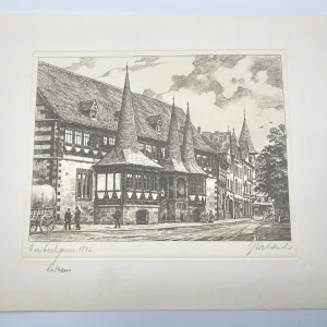 Original Radierung mit historischer Ansicht: Einbeck Rathaus 1912, von Heinz Wehlisch, Deutschland 2. Hälfte 20. Jhd.