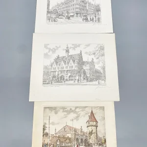 Original Konvolut aus Zeichnung und Druckgrafik mit historischen Ansichten: Künstler 3X Hannover Ansichten Originale, von Heinz Wehlisch, Deutschland 2. Hälfte 20. Jhd.