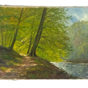 Ölgemälde einer Landschaft mit Seeufer und Wald von Sven Johansen