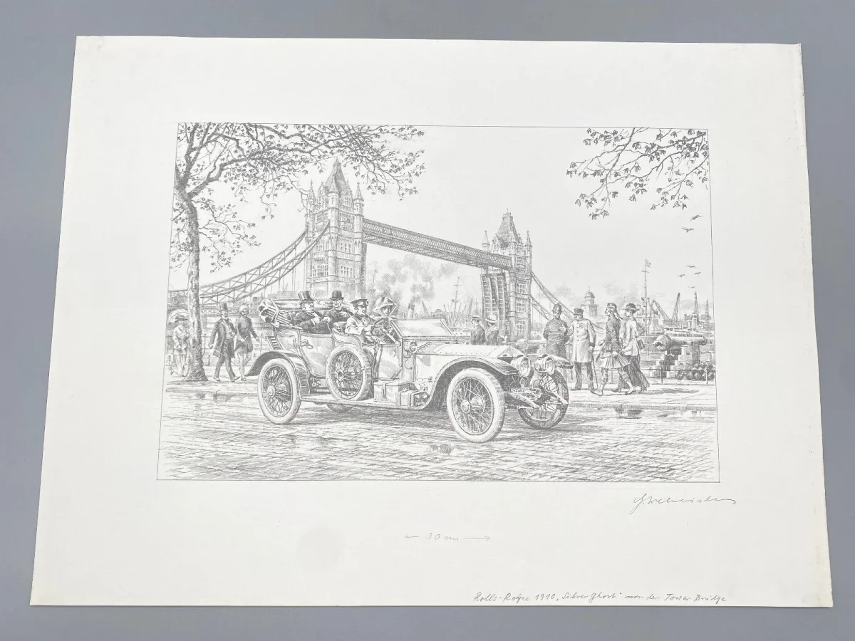 Original Zeichnung mit historischer Ansicht: London Rolls Royce Tower Bridge 1910, von Heinz Wehlisch, Deutschland 2. Hälfte 20. Jhd. – Bild 2