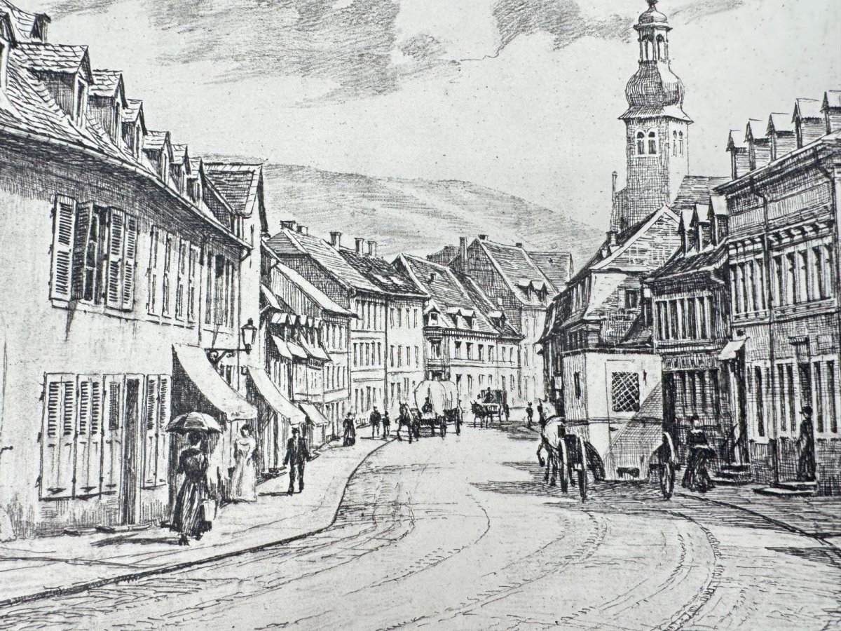 Original Radierung mit historischer Ansicht: Kaiserstrasse St. Ingbert Signi, von Heinz Wehlisch, Deutschland 2. Hälfte 20. Jhd.
