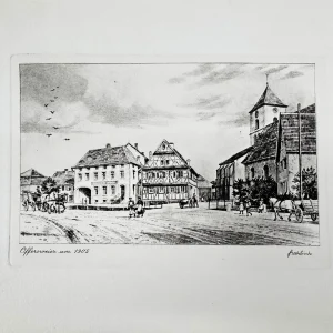 Original Radierung mit historischer Ansicht: Offersweier um 1905, von Heinz Wehlisch, Deutschland 2. Hälfte 20. Jhd.