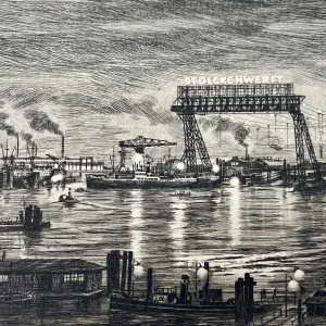 Original Radierung mit historischer Ansicht: Hamburg Hafen bei Nacht Stülckenwerft um 1960, von Heinz Wehlisch, Deutschland 2. Hälfte 20. Jhd.