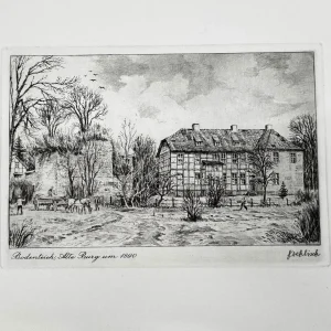 Original Radierung mit historischer Ansicht: Bodenteich Alte Burg um 1890, von Heinz Wehlisch, Deutschland 2. Hälfte 20. Jhd.