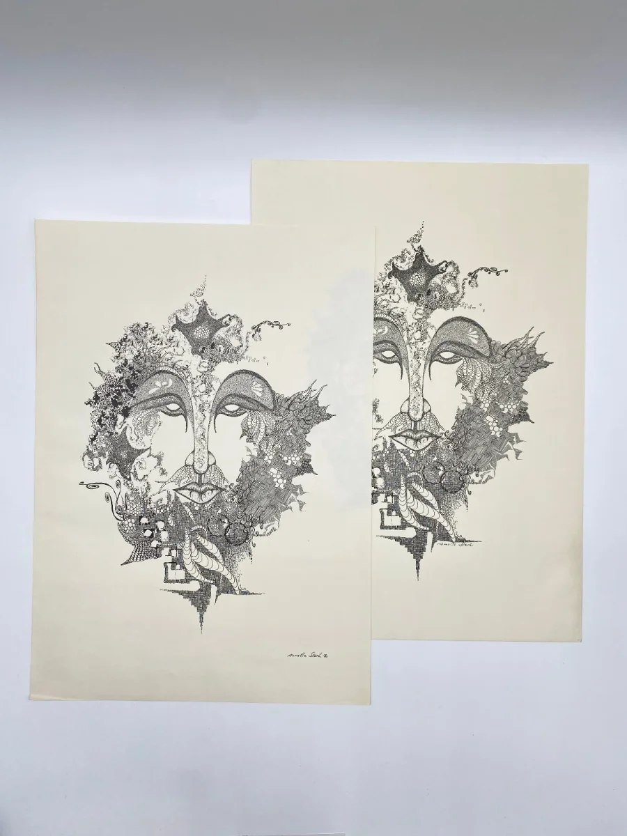 Signierte abstrakt-surrealistische Grafik mit Gesicht von Annelie Stärk – Bild 2