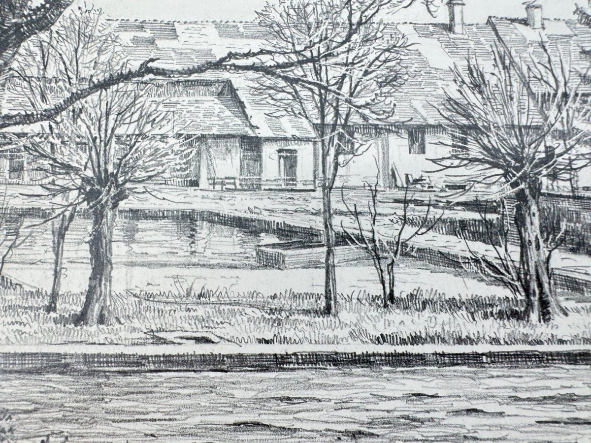 Original Zeichnung mit historischer Ansicht: An der Würm München, von Heinz Wehlisch, Deutschland 2. Hälfte 20. Jhd. – Bild 6