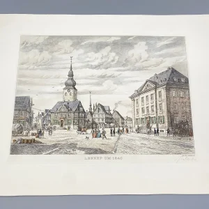 Original Radierung mit historischer Ansicht: Marktplatz Lennep Remscheid 1840, von Heinz Wehlisch, Deutschland 2. Hälfte 20. Jhd.