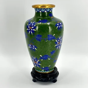 Cloisonné Vase China Messing Grün Holzsockel Cloisonne