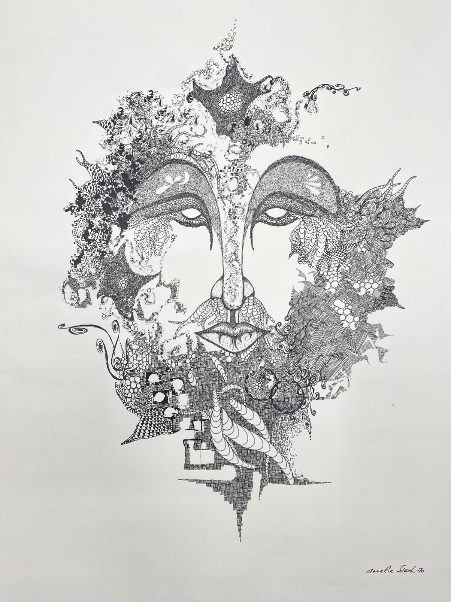 Signierte abstrakt-surrealistische Grafik mit Gesicht von Annelie Stärk – Bild 5