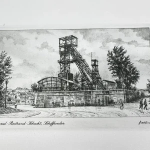 Original Radierung mit historischer Ansicht: Marcel Bertrand Schacht Schiffweiler, von Heinz Wehlisch, Deutschland 2. Hälfte 20. Jhd.