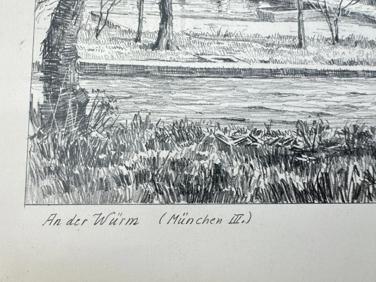 Original Zeichnung mit historischer Ansicht: An der Würm München, von Heinz Wehlisch, Deutschland 2. Hälfte 20. Jhd. – Bild 3