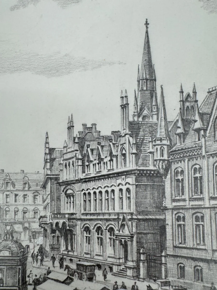 Original Zeichnung mit historischer Ansicht: Gelsenkirchen Neumarkt um 1900, von Heinz Wehlisch, Deutschland 2. Hälfte 20. Jhd. – Bild 5