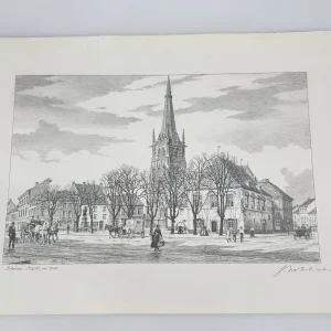 Original Zeichnung mit historischer Ansicht: Erkelenz Markt um 1900, von Heinz Wehlisch, Deutschland 2. Hälfte 20. Jhd.