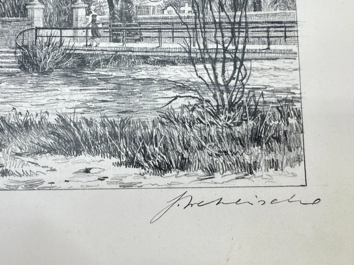 Original Zeichnung mit historischer Ansicht: An der Würm München, von Heinz Wehlisch, Deutschland 2. Hälfte 20. Jhd. – Bild 4