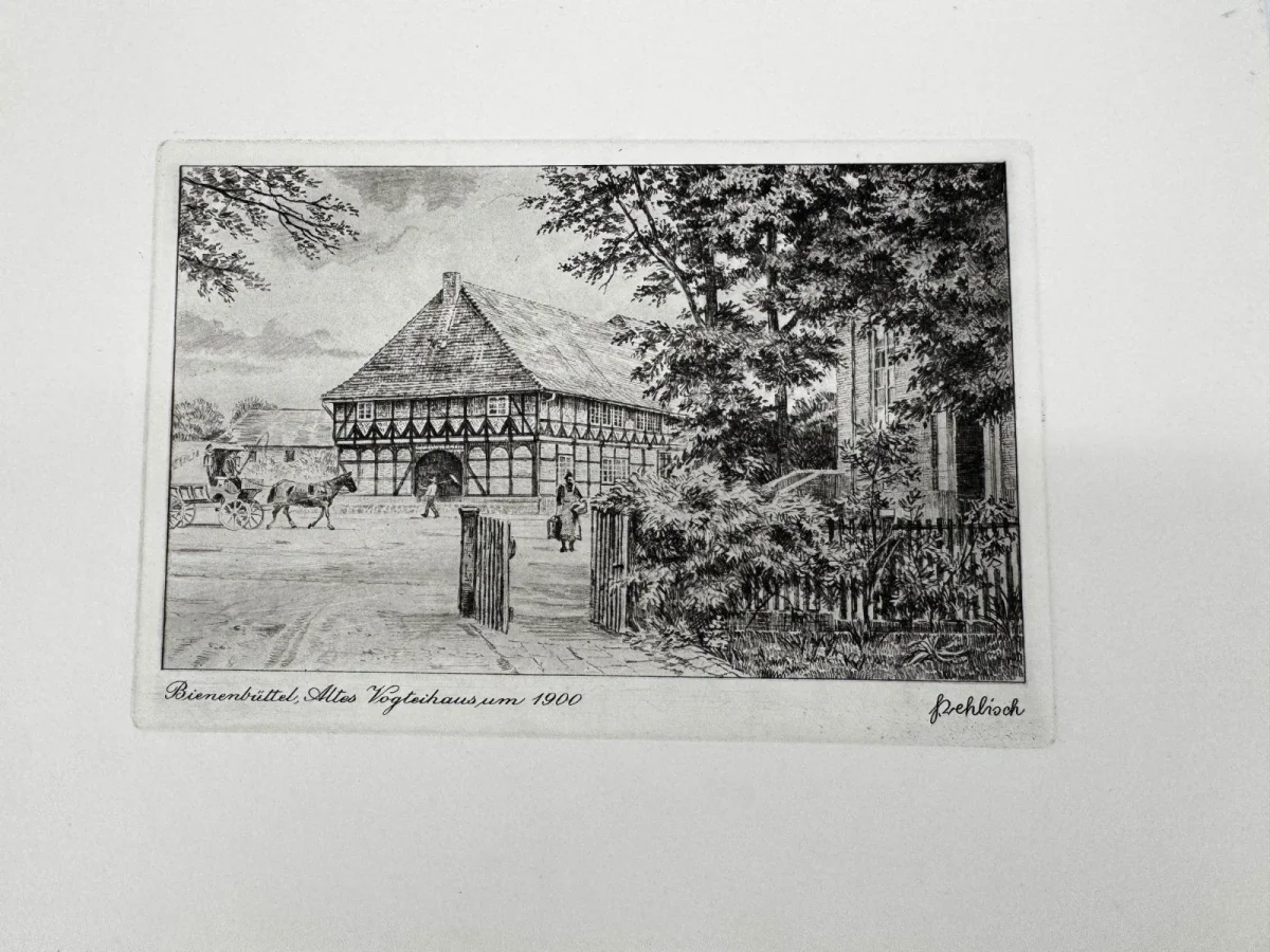 Original Radierung mit historischer Ansicht: Bienenbüttel Altes Vogteihau, von Heinz Wehlisch, Deutschland 2. Hälfte 20. Jhd.