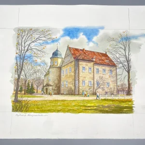 Original Aquarell mit historischer Ansicht: Jagdschloss Königswusterhausen, von Heinz Wehlisch, Deutschland 2. Hälfte 20. Jhd.