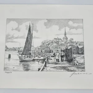 Original Zeichnung mit historischer Ansicht: Kappeln Hafen, von Heinz Wehlisch, Deutschland 2. Hälfte 20. Jhd.