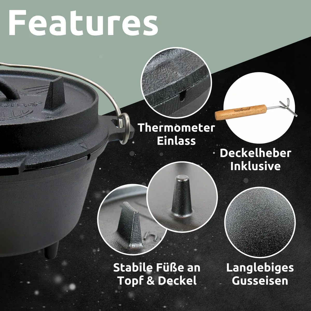 Dutch Oven Set 6-teilig I eingebrannter Feuertopf 9L aus Gusseisen I inkl. Pfanne, Topfständer, Deckelheber und Reinigungsbürste – Bild 7