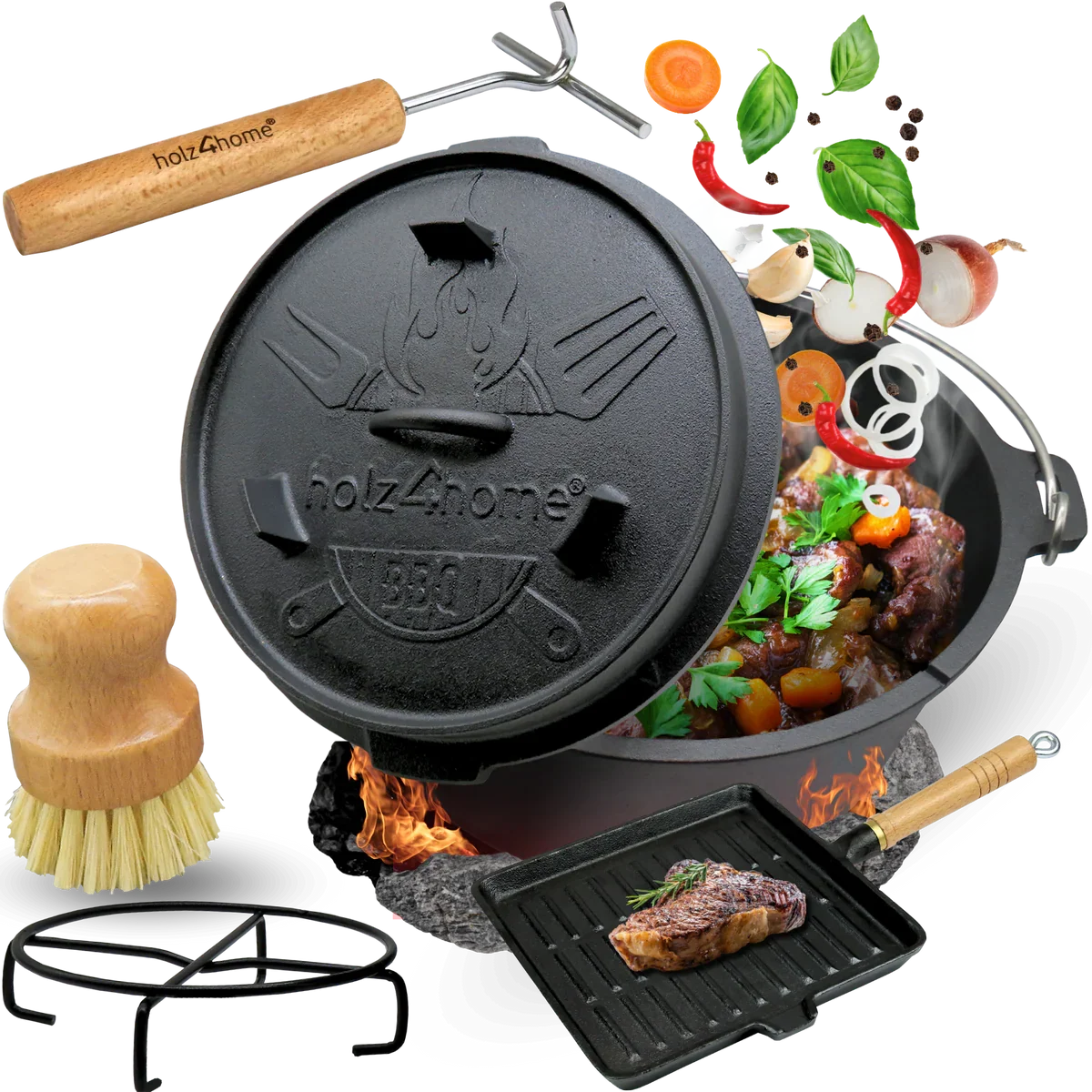 Dutch Oven Set 6-teilig I eingebrannter Feuertopf 9L aus Gusseisen I inkl. Pfanne, Topfständer, Deckelheber und Reinigungsbürste – Bild 2