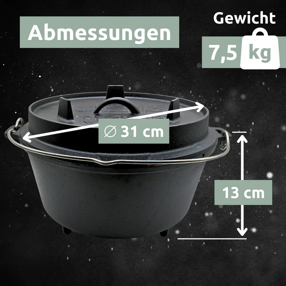 Dutch Oven Set 6-teilig I eingebrannter Feuertopf 9L aus Gusseisen I inkl. Pfanne, Topfständer, Deckelheber und Reinigungsbürste – Bild 9
