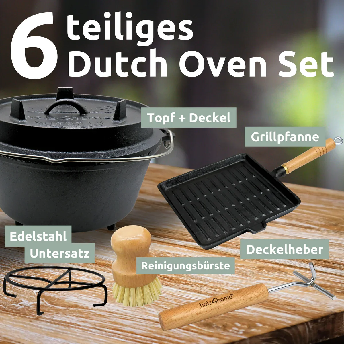 Dutch Oven Set 6-teilig I eingebrannter Feuertopf 9L aus Gusseisen I inkl. Pfanne, Topfständer, Deckelheber und Reinigungsbürste – Bild 4