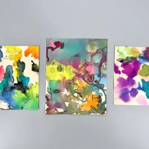 3x Aquarell. Bunte Gesichter, Phantasiewesen und Formen