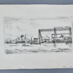 Zeichnung, Deutsche Werft in Hamburg. Von Heinz Wehlisch