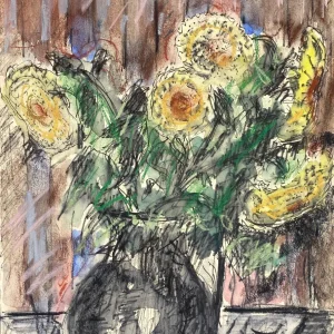 Expressives Mischtechnik-Gemälde (Aquarell, Pastellkreide, Tusche) auf Papier, Stilleben mit Blumenstrauß, 1978