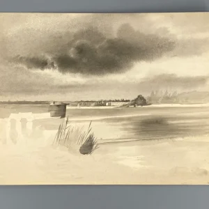 Zartes, monochromes Aquarell "See mit Segelboot"