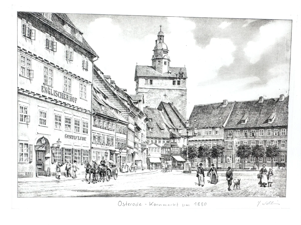 Original Druckgrafik mit historischer Ansicht: Osterode Kornmarkt. von Heinz Wehlisch, Deutschland 2. Hälfte 20. Jhd.