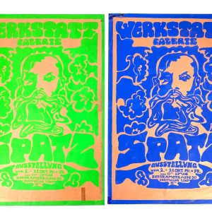 Zwei originale Siebdrucke aus den 60er/70er Jahren. Ausstellungsplakat, Poster im Psychedlic Stoner-Rock Stil mit knalligen Farben.