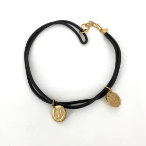 Halskette oder dreifaches Armband von Kathy aus Leder und vergoldeten Münzanhängern