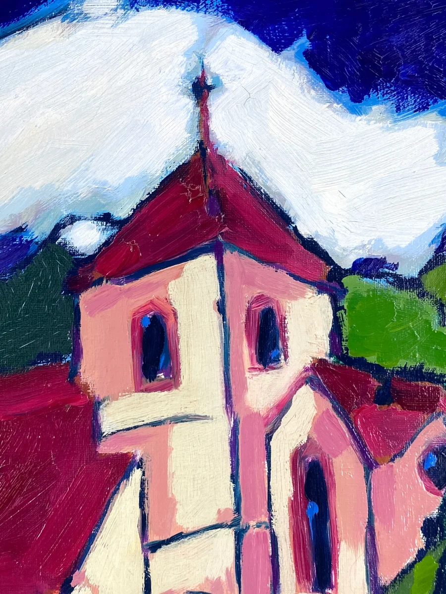 Expressives und farbenfrohes Acrylgemälde "Kirche (Weserbergland)" von Dieter Tyspe (1937–1994), 1987 – Bild 5