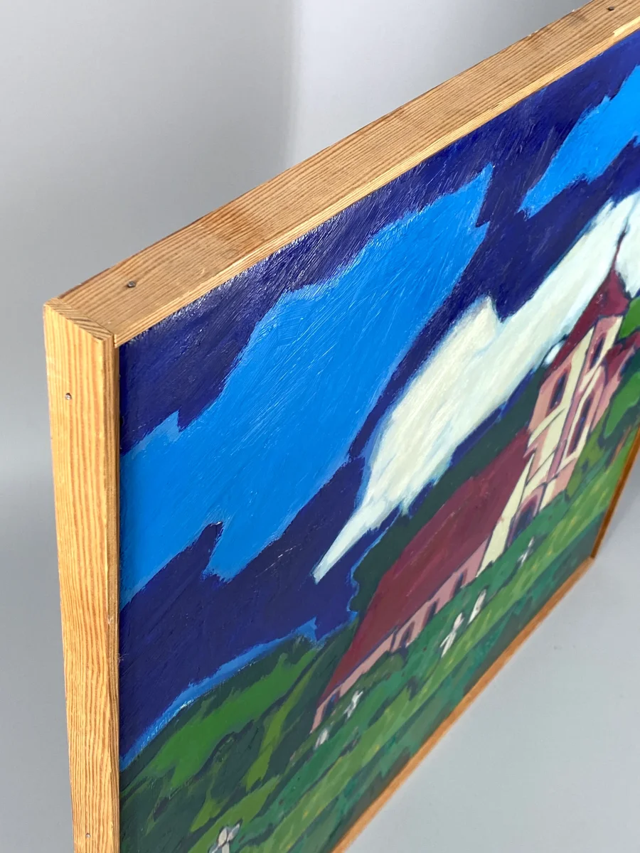 Expressives und farbenfrohes Acrylgemälde "Kirche (Weserbergland)" von Dieter Tyspe (1937–1994), 1987 – Bild 7